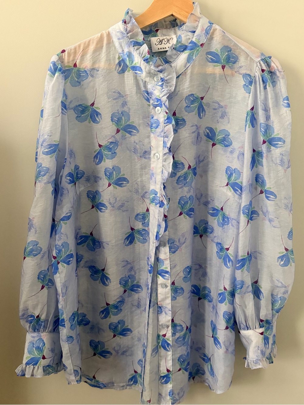 Blue Floral Ruffle Tencel Button-down Shirt